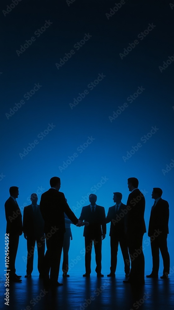Poster a group of men are standing in a circle and shaking hands