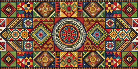 Obraz premium Vibrant Ethnic Pattern: A rich tapestry of geometric shapes and floral motifs in warm, earthy tones. Perfect for textile design, wallpaper, or any project needing a bold, cultural aesthetic. 