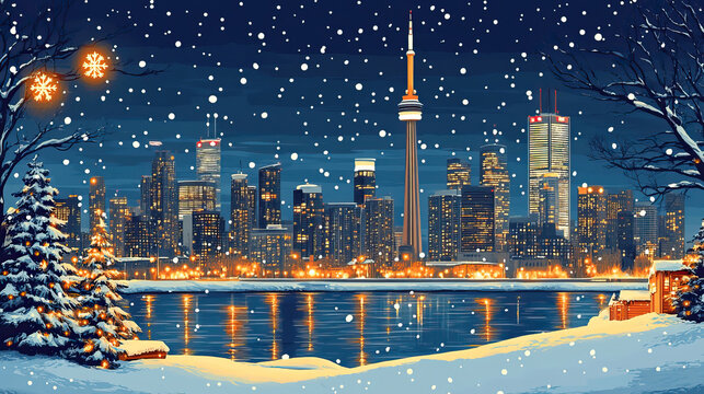 Toronto, Canada, classic traditional Christmas themed wood block print effect. Woodblock Xmas theme printing. Graphic designed, illustration for travel poster, card, wallpaper, backdrop or banner