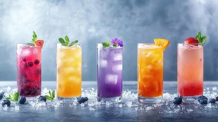 Fototapeta premium A vibrant array of colorful cocktails served in tall glasses, decorated with fresh fruits and herbs, on a bed of ice, perfect for any summer celebration.
