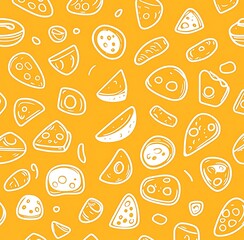 A seamless pattern of cheese icons in white on an orange background