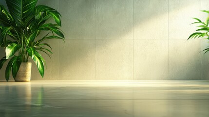 A large plant sits in a pot on a concrete floor
