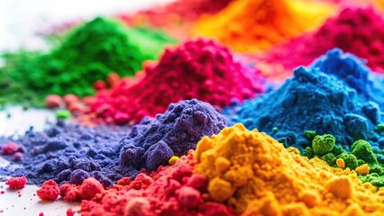 Macro shots of colorful Holi powder on white background with detailed reflections