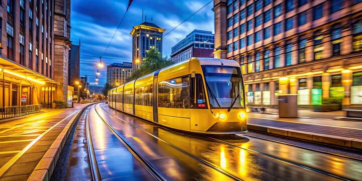 Macro shot of yellow tram in Manchester UK at twilight