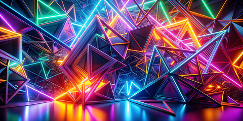 Neon Geometry:  A mesmerizing abstract composition of vibrant, glowing neon triangles, arranged in a dynamic and chaotic pattern, creating an illusion of depth and movement. Perfect for tech, music.