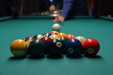 Pool Game With Pool Balls and Table, Close View Background