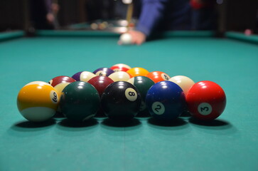 Pool Game With Pool Balls and Table, Close View Background