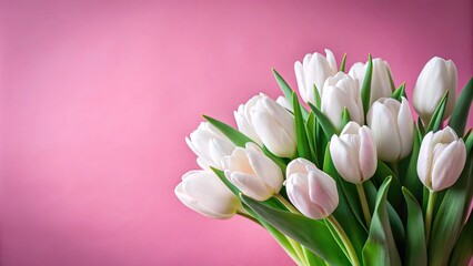 Macro spring flower arrangement with white tulips on a pink background © suchetpong