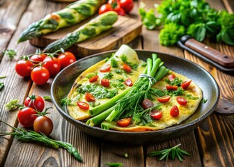 Indulge in a vibrant spring omelette, bursting with fresh herbs, sun-kissed tomatoes, and rich cheese, delivering a delightful taste of seasonal joy in every bite.