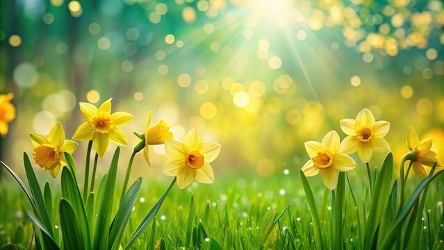 Macro springtime nature background with green grass field with yellow blooming daffodils and sunshine bokeh
