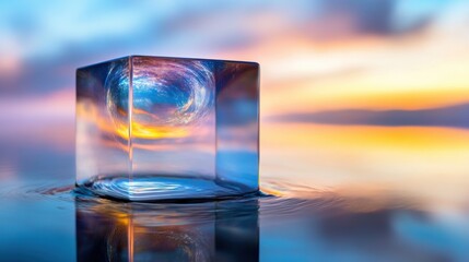 Cube reflecting a vibrant sunset over calm waters, AI