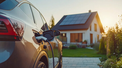 Electric car charging in the yard against the background of a private house with solar panels on the roof