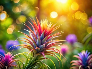 Fototapeta premium Lively air plant Tillandsia adorned with bright flowers and pollen, nestled in a lush garden setting, perfect for captivating product photography. Nature's beauty on display.