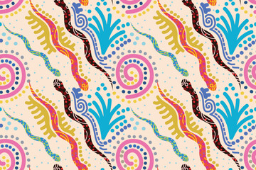 Colorful reptiles and animal. Seamless cartoon pattern in vivid colors with cute snakes and leaves. Vector pattern in cartoon style in bright colors. Print for kids and fashion