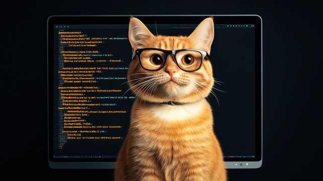 Orange tabby cat wearing glasses sitting in front of a computer screen displaying code in a dark environment.