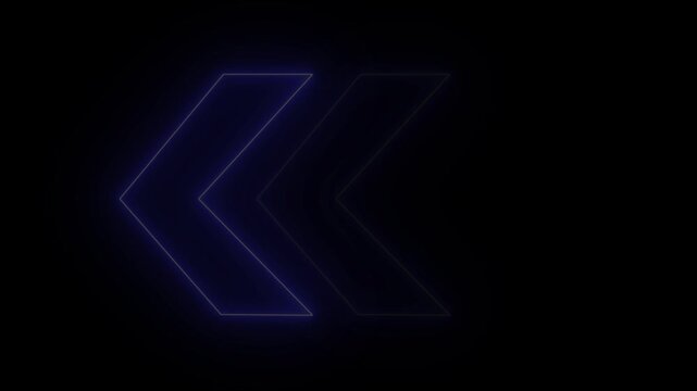 Blue neon swipe arrow pointing to left and moving on black background. Animated glowing left directional traffic arrows animation transitional arrow navigation