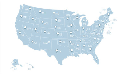 USA map. Showing states, administrative divisions America. Vector