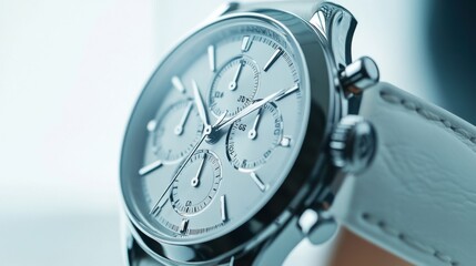 Close up of a luxury chronograph watch with white leather strap