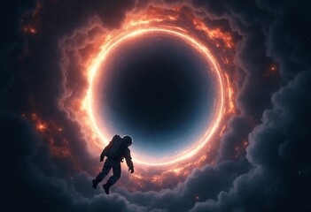 A spaceman falling into a blackhole showing Outer space from the perspective of the astronaut clearly showing the bending of spacetime around the astronaut