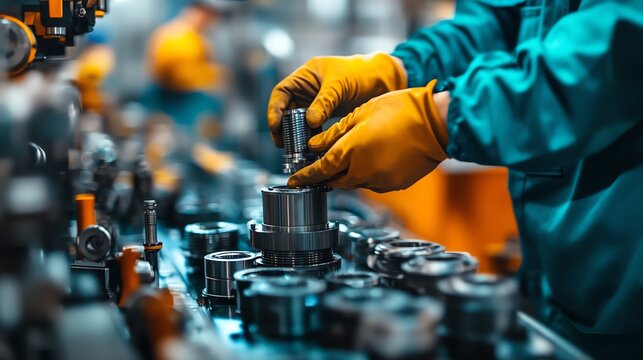Worker assembling mechanical parts in a factory, focused on precision and quality.
