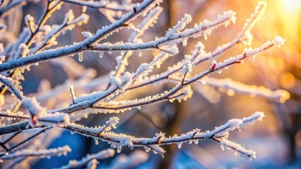 Macro Tree patterns in winter branches and twigs covered with frost