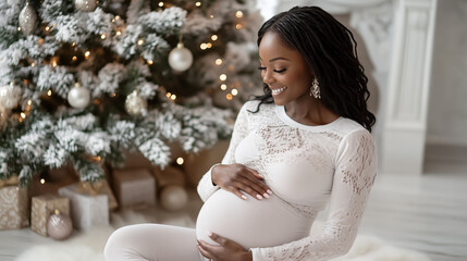 Beautiful smiling pregnant woman in cozy christmas room. Shallow depth of field.. - Powered by Adobe