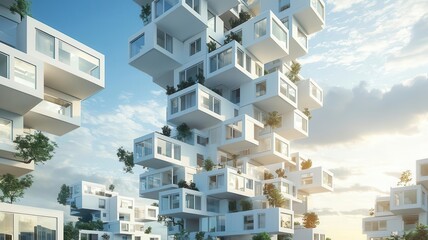Modern architectural marvel featuring a towering structure with stacked cubes and greenery, showcasing a blend of nature and contemporary design against a vibrant sky.
