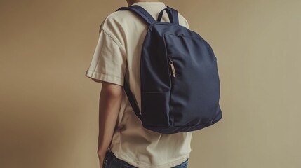 Young person wearing a beige shirt and denim jeans while standing with a blue backpack against a simple background