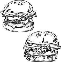 Set of hand drawn hamburger, burger. Set of doodle style hamburger, burger. Vector illustration
