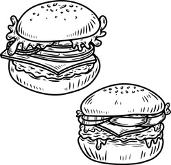 Set of hand drawn hamburger, burger. Set of doodle style hamburger, burger. Vector illustration