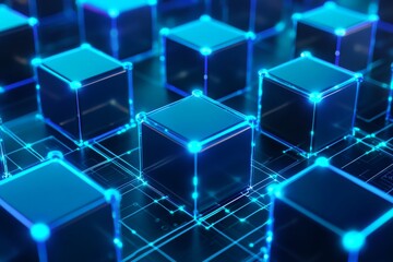 Obraz premium 3D Wireframe Cubes with Glowing Interconnected Nodes in a Digital Low Poly. for blockchain cryptography, data visualization, quantum computing, AI networking, secure data transfer.