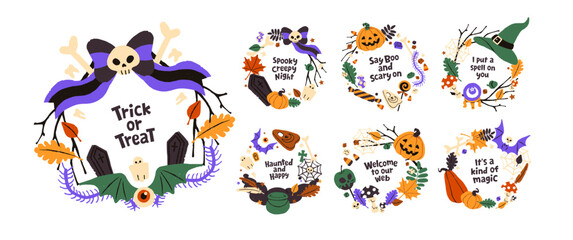Designs of Halloween wreath set. Scary Helloween circles with spooky pumpkins, web, skulls and candies. Autumn holiday decor with quote in round frames. Flat isolated vector illustrations on white