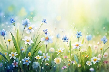 Macro watercolor painting of little flowers in spring meadow on white background