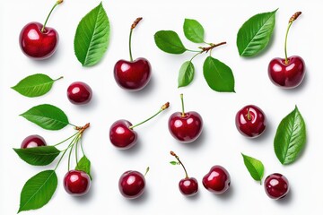 set of Cherry isolated on white background with clipping path, fresh cherries with stems and leaves