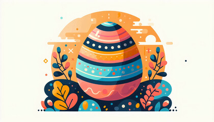 A large, beautifully decorated Easter egg surrounded by stylized plants and patterns in a vibrant, modern illustration
