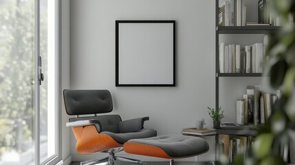 A modern lounge area featuring a chair, ottoman, and bookshelf in a minimalist setting.