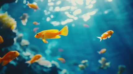 Naklejka premium Vibrant underwater scene with colorful goldfish swimming in clear water