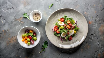 Sleek concrete table adorned with white ceramic plates and bowls, showcasing elegant food presentation that enhances the dining experience with minimalist sophistication and artistic flair.