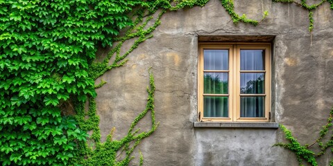 Macro windows on a gray wall with green tree leaves