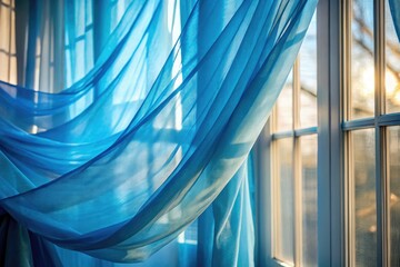 Soft sunlight streams through blue drapes, casting a tranquil glow across the serene interior, creating an atmosphere of calm and peaceful elegance throughout the space.