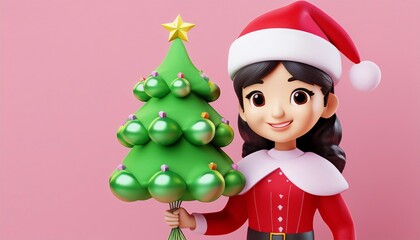 A cheerful girl in a Santa hat holds a green Christmas tree with ornaments, set against a pink background.