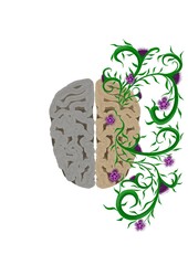 Illustration of the human brain. One half is gray and dull, the other is light beige and from it grows a climbing green plant with purple flowers. Take care of your mental health.