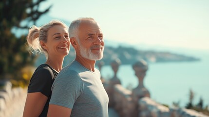 Obraz premium A cheerful sporty couple in athletic wear smiles happily after their run near the sparkling sea