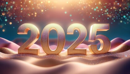 A glittering representation of the year 2025, set against a dreamy background filled with shimmering colors and festive lights.