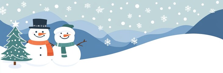 Snowman in a snowy winter mountain wonderland background on copy space