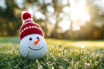 Obraz premium This cheerful scene depicts a snowman with a carrot nose sitting on a green field. The snowman is smiling and giving the impression that he is having a good time.