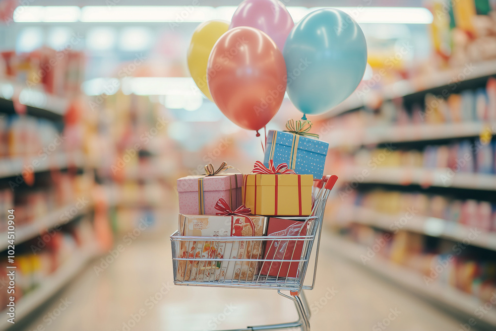 Wall mural shopping trolley with a gift boxes in supermarket.