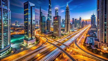 Fototapeta premium Aerial Night View of Dubai City Traffic - Stunning Time Lapse Rooftop Perspective in 4K Quality