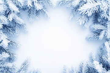 A fir pine branch on a snow frost background, a Christmas card with copy space, a flat lay, a top view, an Xmas banner, a concept for the New Year" or the winter holidays" "