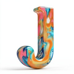 A colorful, glossy letter "J" with a marbled design, showcasing vibrant hues and smooth curves.
